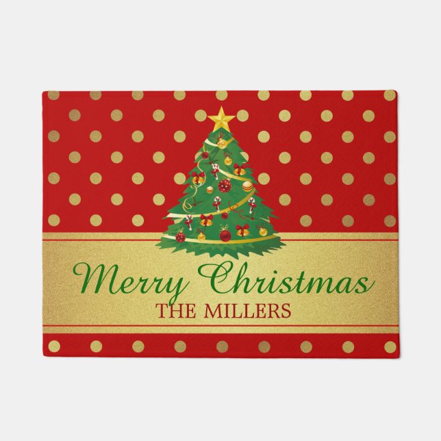 Merry Christmas Tree Classic Red Gold Polka Dots Doormat (Front)