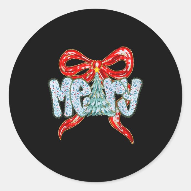 Merry Christmas Tree Coquette Bow Xmas Holiday Wom Classic Round Sticker (Front)