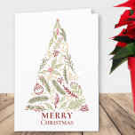Merry Christmas Tree Country Pine and Holly Holiday Card<br><div class="desc">Personalised Christmas Card with a rustic, natural theme in red, green and gold. The design features Christmas foliage including pine needles and pine cones, holly and holly berries, along with traditional Christmas ornaments and stars. The "Merry Christmas" wording forms the base of the Christmas Tree. Inside of the card has...</div>