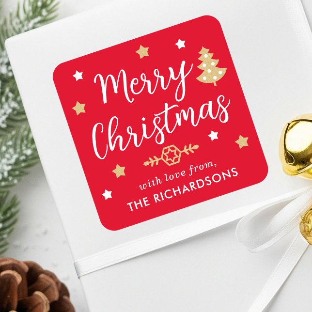 Merry Christmas Tree Custom Family Name Red Square Sticker (Creator Uploaded)