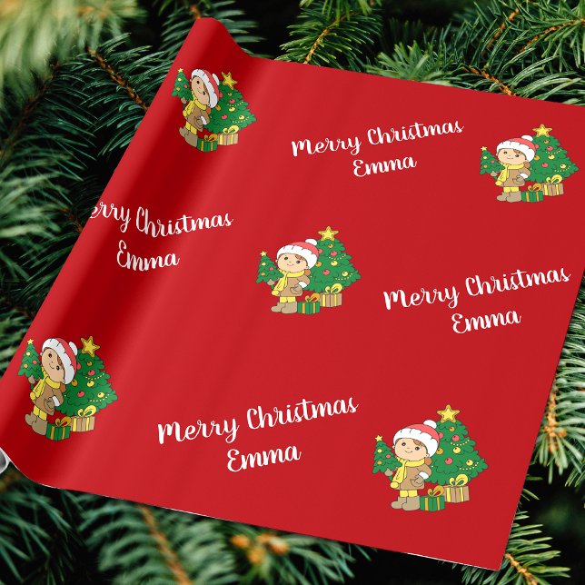 Merry Christmas Tree Custom Name Personalised Wrapping Paper (Creator Uploaded)