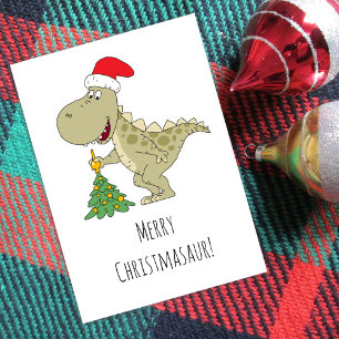 Merry Christmas Tree Cute Dinosaur Santa Hat Holiday Card