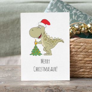 Merry Christmas Tree Cute Dinosaur Santa Hat Holiday Postcard