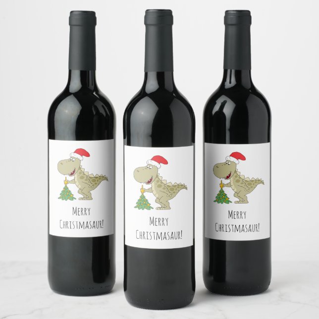 Merry Christmas Tree Cute Dinosaur Santa Hat  Wine Label (Bottles)