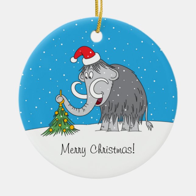 Merry Christmas Tree Cute Mammoth Santa Hat Ceramic Ornament (Front)