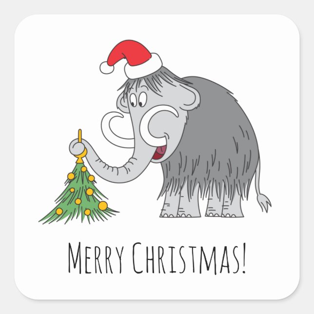 Merry Christmas Tree Cute Mammoth Santa Hat Square Sticker (Front)
