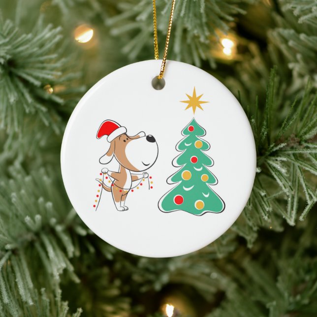 Merry Christmas Tree Cute Puppy Dog Santa Hat Ceramic Ornament (Tree)