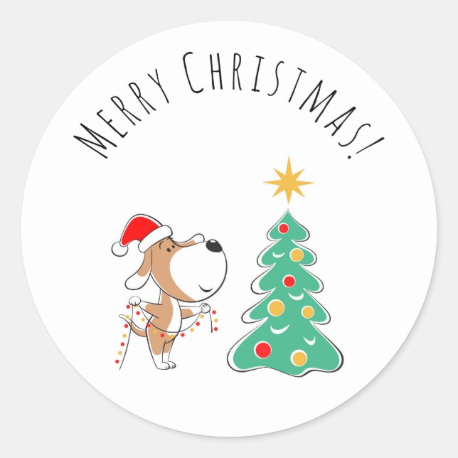 Merry Christmas Tree Cute Puppy Dog Santa Hat Classic Round Sticker (Front)