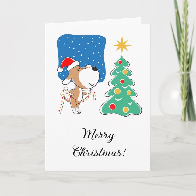 Merry Christmas Tree Cute Puppy Dog Santa Hat Holiday Card (Front)