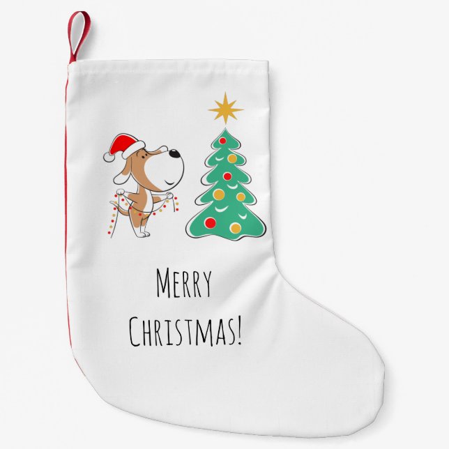 Merry Christmas Tree Cute Puppy Dog Santa Hat Small Christmas Stocking (Front)