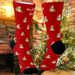 Merry Christmas Tree Cute Snowman Personalised Socks