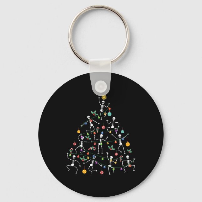 Merry Christmas Tree Dancing Skeleton Funny Hallow Key Ring (Front)