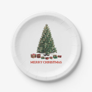 Merry Christmas. Tree (design 1) with gifts Paper Plate