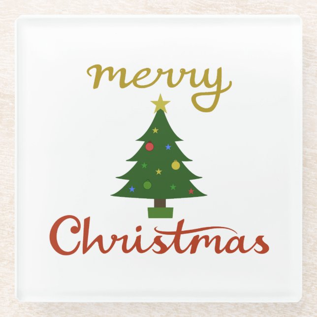 Merry Christmas+Tree Design Glass Coaster (Front)