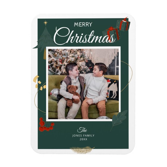  Merry Christmas Tree Family Photo Green Red Magnet (Vertical)