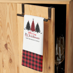 Merry Christmas Tree Festive Pattern Buffalo Plaid Tea Towel