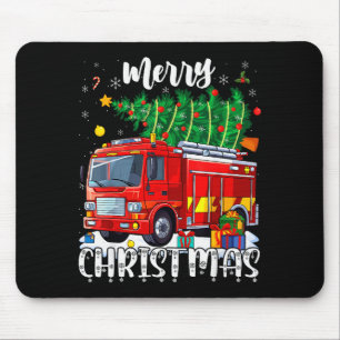 Merry Christmas Tree Firetruck Pajama Firefighter Mouse Pad