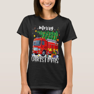 Merry Christmas Tree Firetruck Pajama Firefighter  T-Shirt