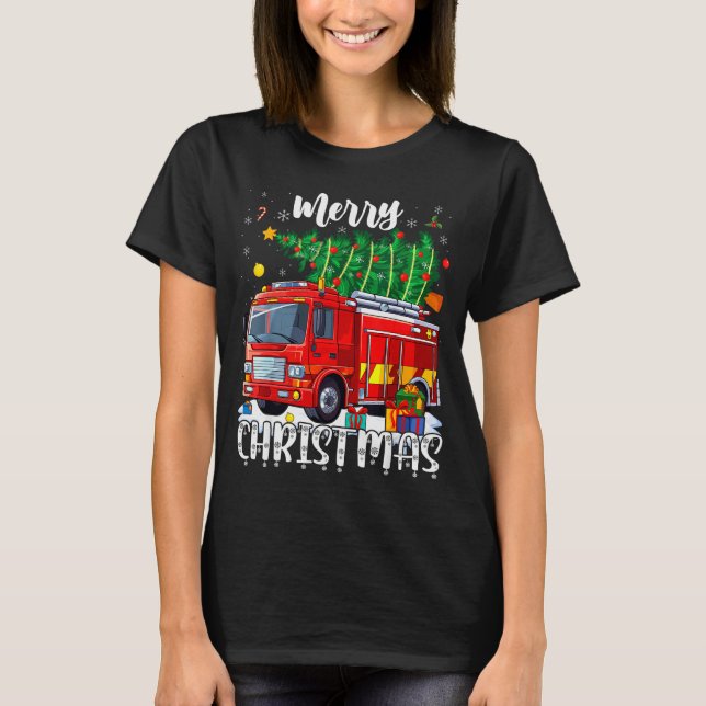 Merry Christmas Tree Firetruck Pajama Firefighter  T-Shirt (Front)