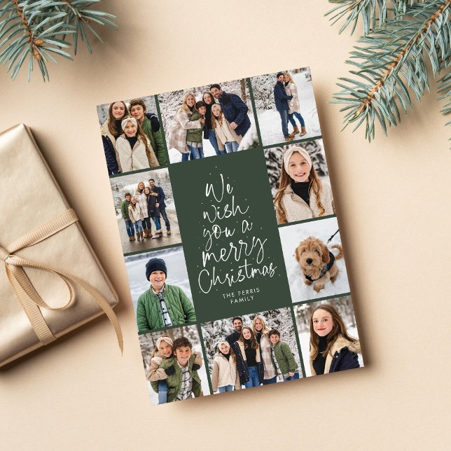 Merry Christmas tree fun 10 photo collage green Holiday Card (Creator Uploaded)