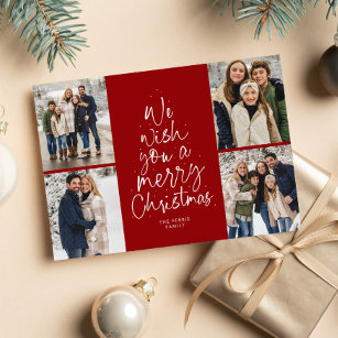 Merry Christmas tree fun four photo collage red Holiday Card