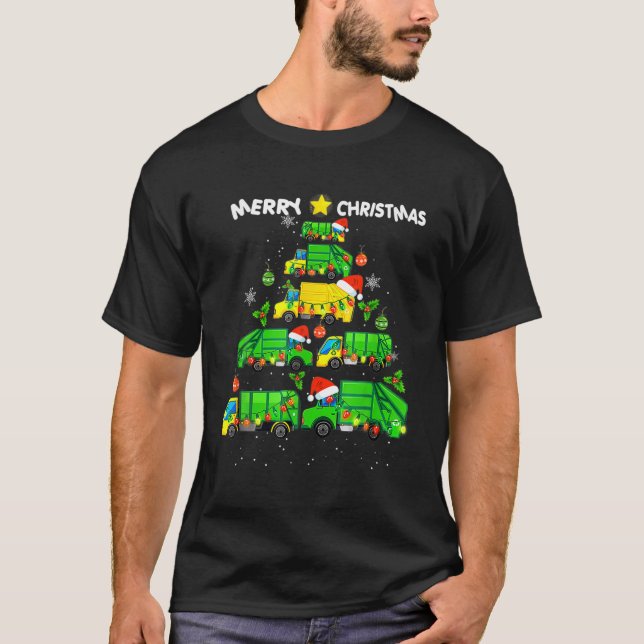 Merry Christmas Tree Garbage Truck Funny Xmas Boys T-Shirt (Front)