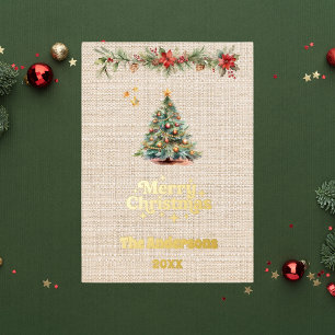 Merry Christmas tree garland beige burlap gold Foil Holiday Card