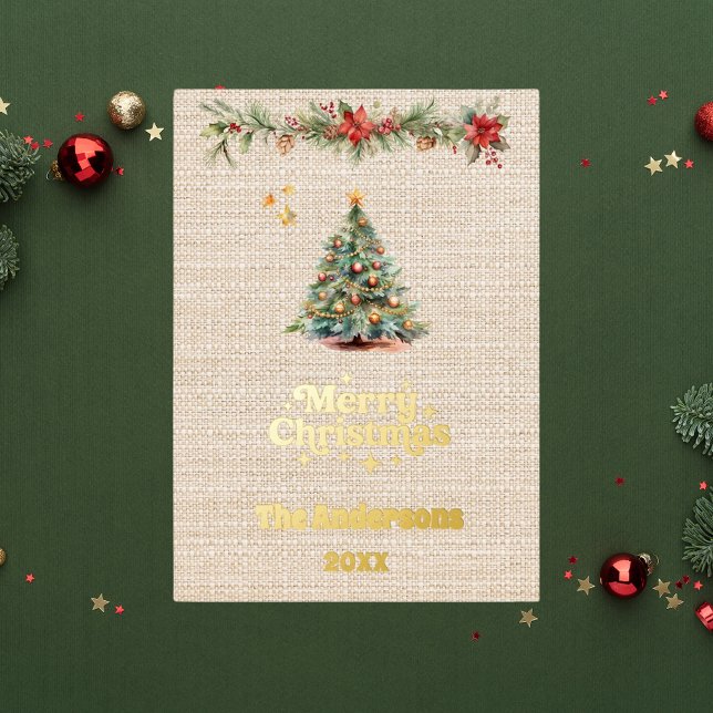 Merry Christmas tree garland beige burlap gold Foil Holiday Card (Creator Uploaded)