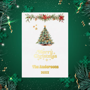 Merry Christmas tree garland gold Foil Holiday Card