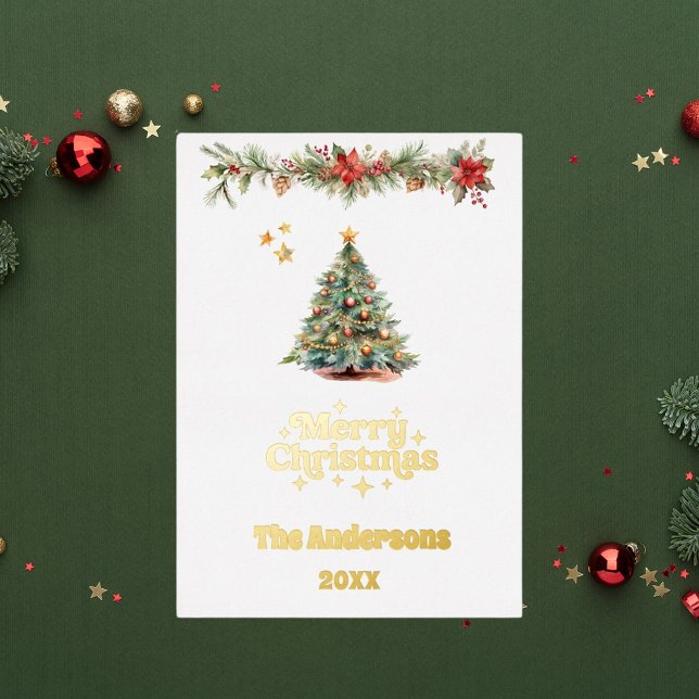 Merry Christmas tree garland photo year in review Foil Holiday Card (Creator Uploaded)