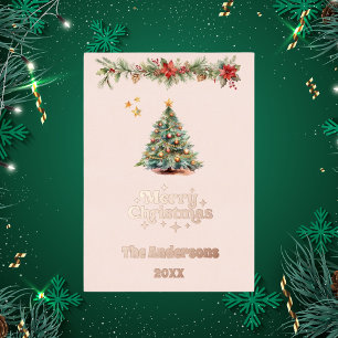 Merry Christmas tree garland rose gold Foil Holiday Card