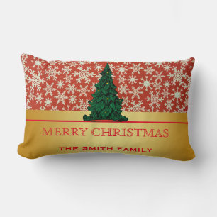 Merry Christmas Tree Gold Glitter Snowflake Lumbar Cushion