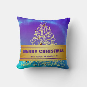 Merry Christmas Tree Gold Glitter Star Cushion