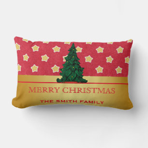 Merry Christmas Tree Gold Glitter Star Lumbar Cushion