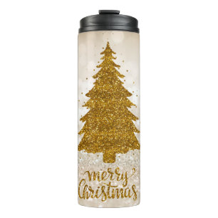Merry Christmas Tree Gold Glitter Thermal Tumbler