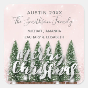 Merry Christmas Tree Gold Pink Winter Lights Snow Square Sticker