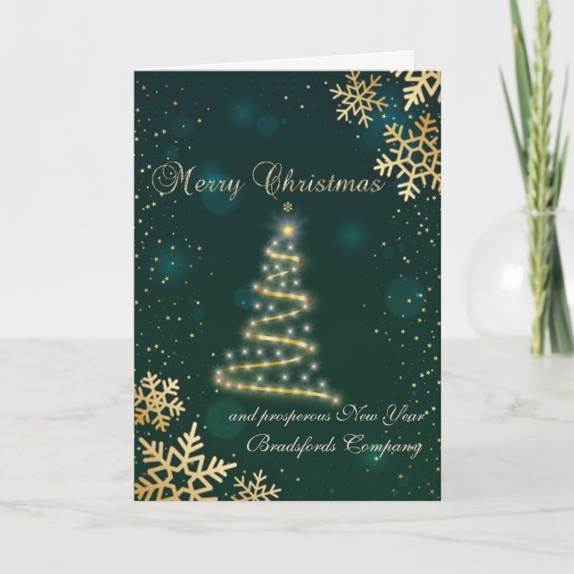 Merry Christmas Tree Gold Snowflakes,Green Holiday Card (Front)