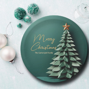 Merry Christmas Tree Gorgeous Green Gold Party Paper Plate