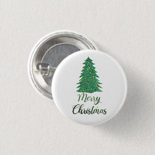 Merry christmas tree- green glitter   3 cm round badge