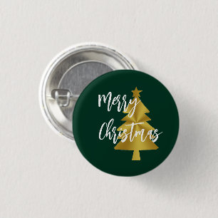 Merry Christmas Tree Green Gold and White Script 3 Cm Round Badge