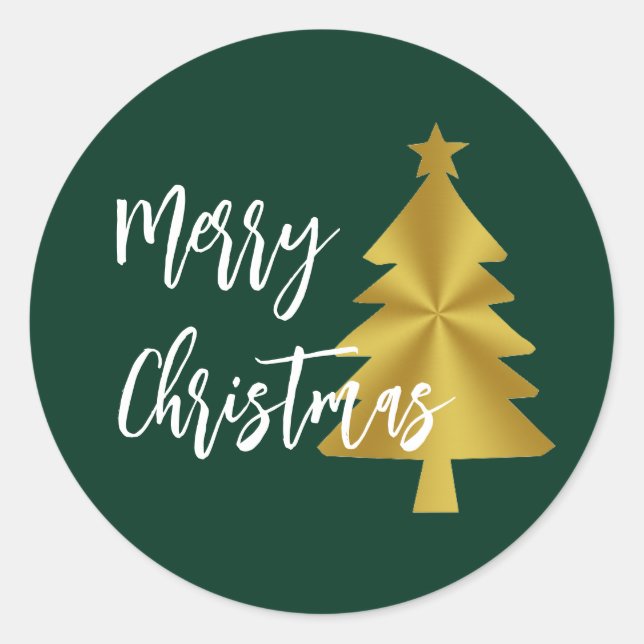 Merry Christmas Tree Green Gold and White Script Classic Round Sticker (Front)