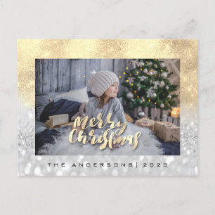Merry Christmas Tree Grey Gold Spark Photo Glitter Postcard
