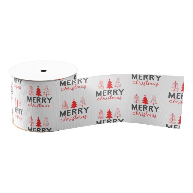 Merry Christmas Tree Grey Red Grosgrain Ribbon (Spool)