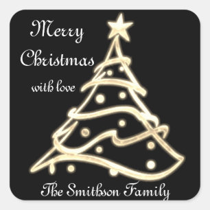 Merry Christmas Tree Happy New Year Black Gold Square Sticker