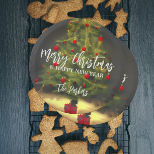 Merry Christmas Tree Happy New Year Family Name Paper Plate