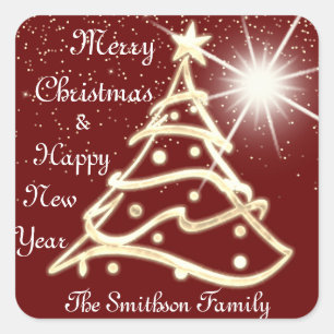 Merry Christmas Tree Happy New Year Gold Burgundy Square Sticker