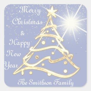 Merry Christmas Tree Happy New Year Gold Stars Square Sticker