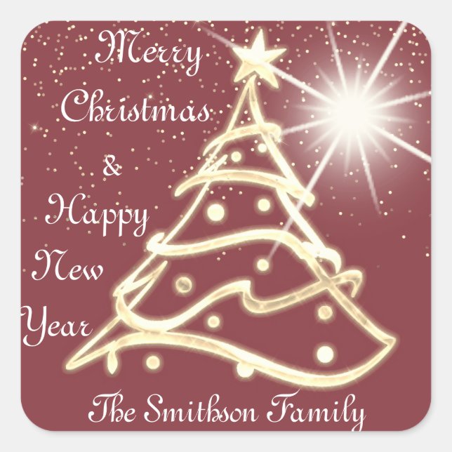 Merry Christmas Tree Happy New Year Gold Stars Square Sticker (Front)