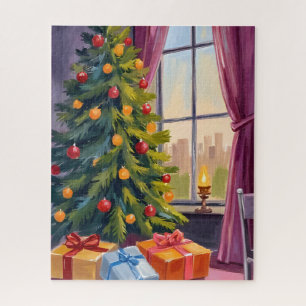 Merry Christmas Tree Holiday Painting Jigsaw Puzzle