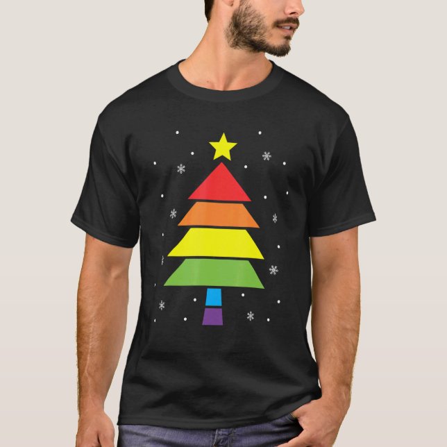 Merry Christmas Tree Holiday Rainbow LGBTQ Gay Pri T-Shirt (Front)